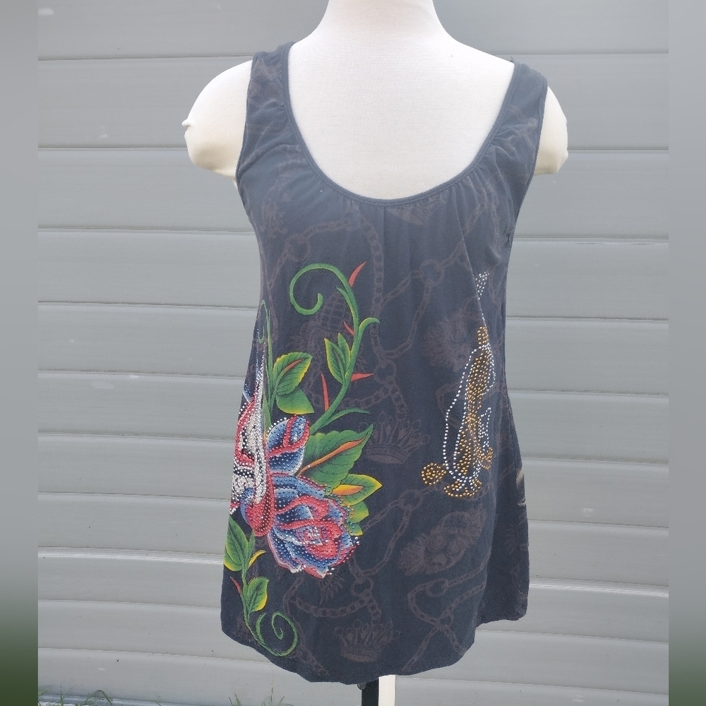 Christian Audigier Y2K Womens Black Rhinestone Roses Tank Top Blouse M